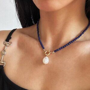 Dainty Lapis Lazuli Necklace with Baroque Pearl Pendant